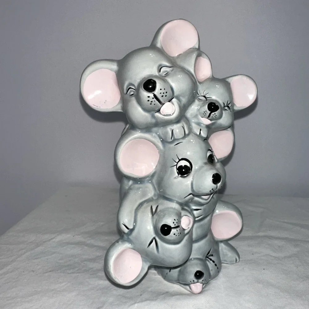 Vintage Ceramic Happy Mice Piggy Bank - Smiling Stacked Mice - 7.75